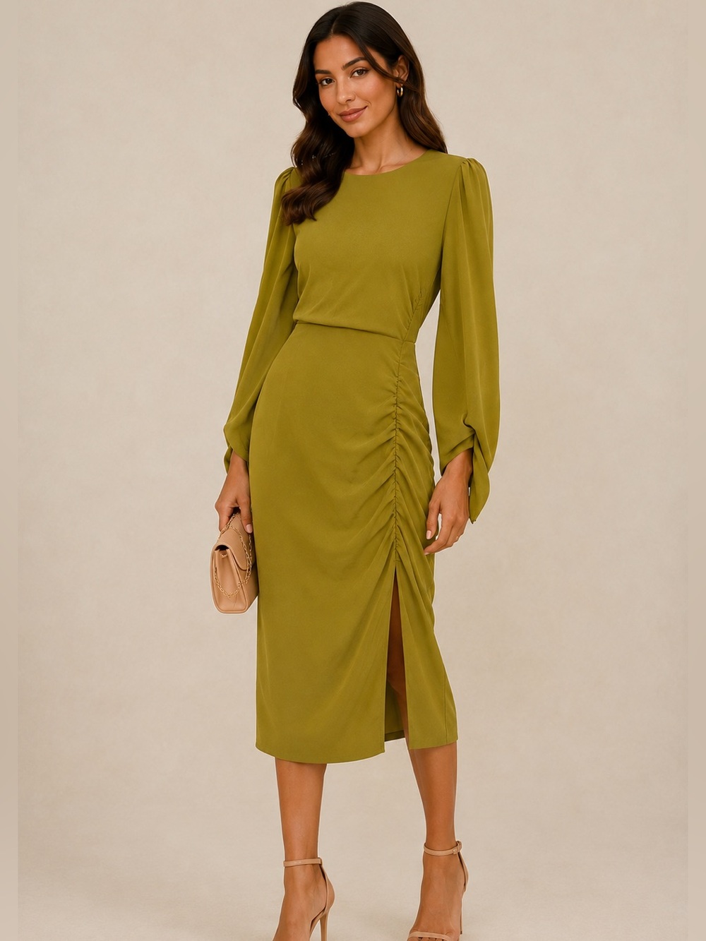Forest Lily Olive Green Ruched Long Sleeve Midi Dress Size S